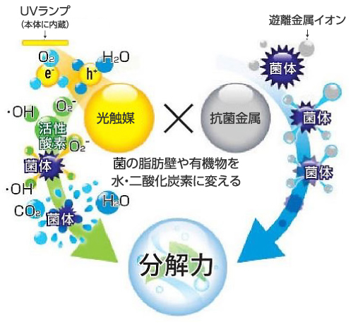 光触媒に抗菌金属をブレンドする独自技術で高い分解力を実現